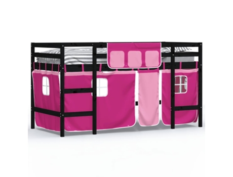 Cama alta para niños VIDAXL con cortinas madera pino rosa (90x190 cm)