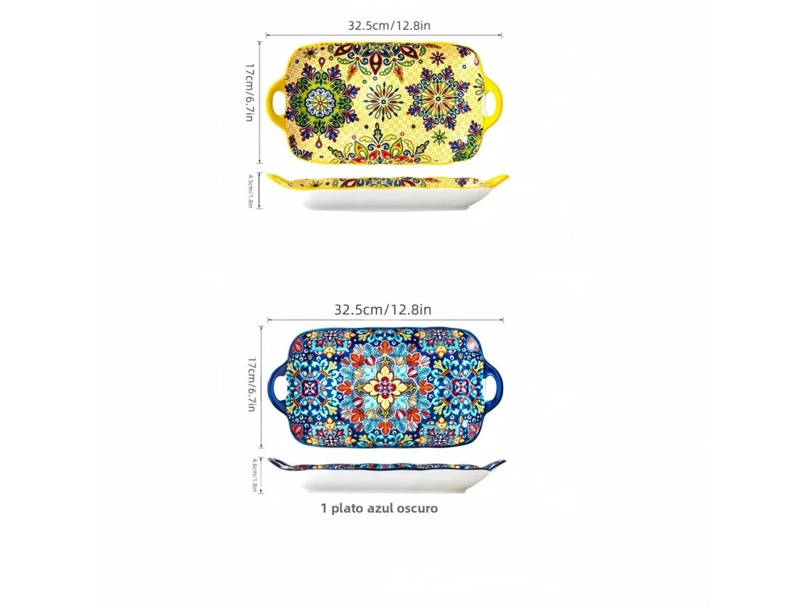 Plato llano rectangular de cerámica de estilo bohemio con forma de pez, de 32,5 cm (uno amarillo y otro azul).