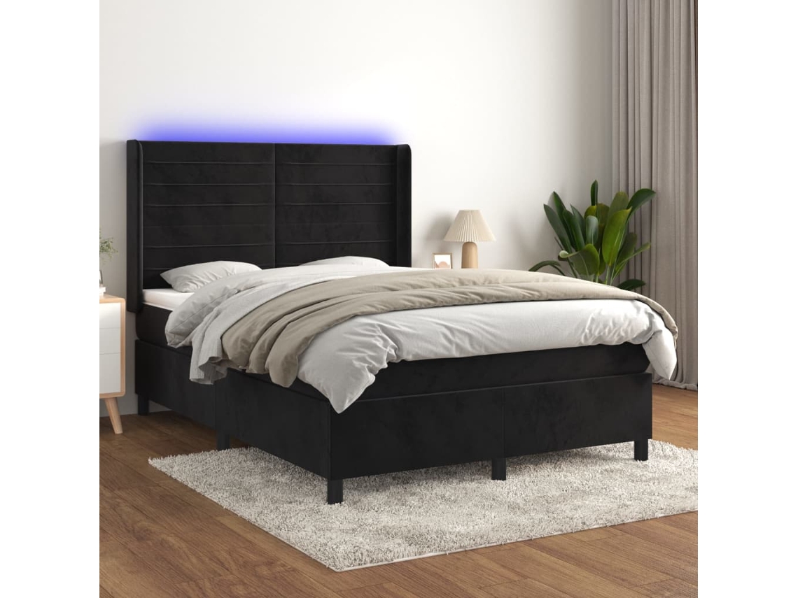 Cama box spring colchón y LED terciopelo negro 140x190 cm