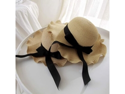 Sombrero De Paja Plegable Para Mujer, Ideal Para El Verano, Con Protección Uv, Color Beige, Ala Ondulada Y Elegante Lazo.
