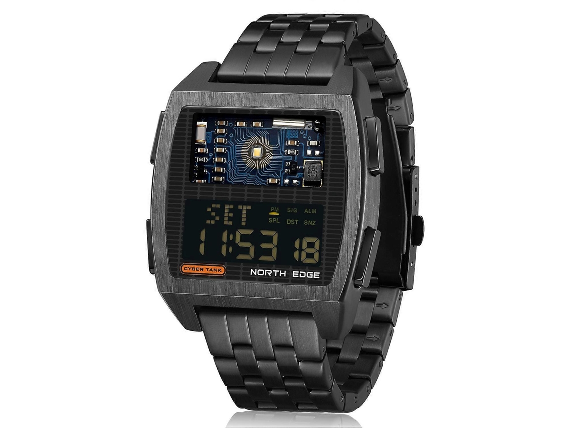Reloj electrónico multifuncional North Edge Cybertank con correa de acero inoxidable.