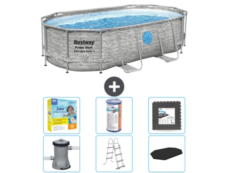 Piscina BESTWAY Oval Power Steel Swim Vista - Estampado Piedra - 427 x 250 x 100 - Incluye Bomba - Escalera - Cobertor Accesorios CB35