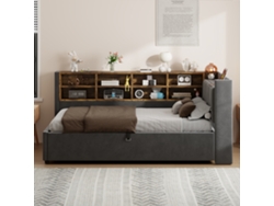 Sofá cama de 90 x 200 cm con espacio de almacenamiento hidráulico, luz de noche, enchufes USB y tipo C, y estantes gris oscuro Mobrio