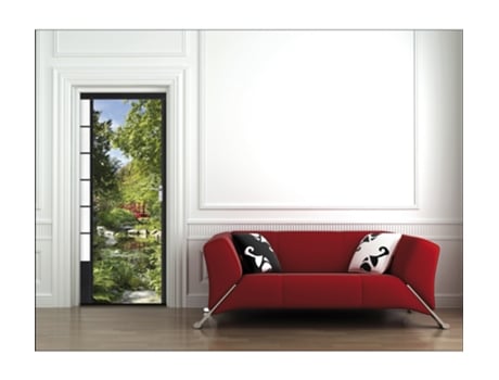 Adhesivo Decorativo de Puerta PLAGE Puerta Corrediza Negra Jardín Japonés, Lirios de Agua y Puerta de Enlace Roja 204 cm X 83 cm