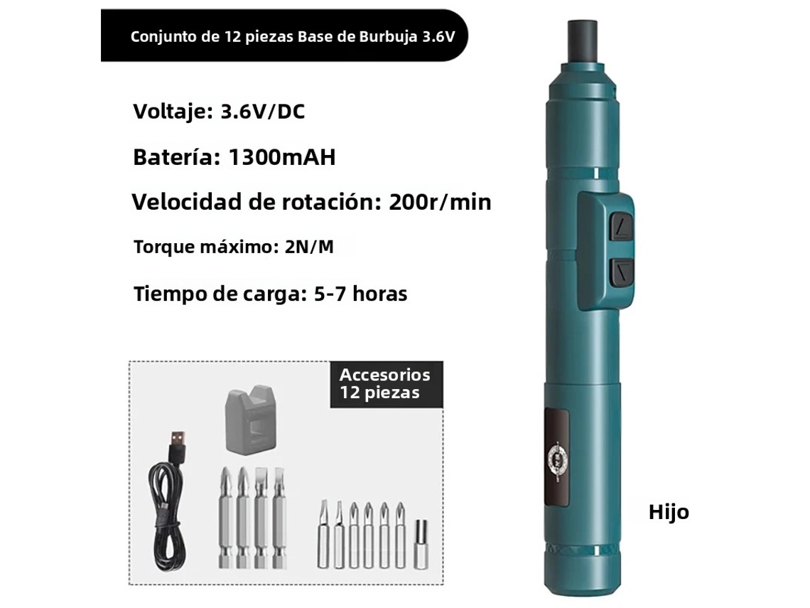(Juego verde de 12 piezas) Mini destornillador eléctrico inalámbrico, recargable por USB, 3,6 V, 200 RPM, batería incluida.