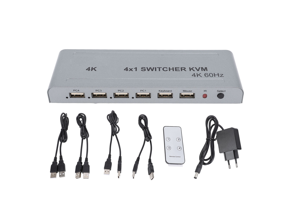 Conmutador Kvm 4 En 1 Hd 4k 60hz Con Multivisor Y Mando A Distancia, Enchufe Europeo.