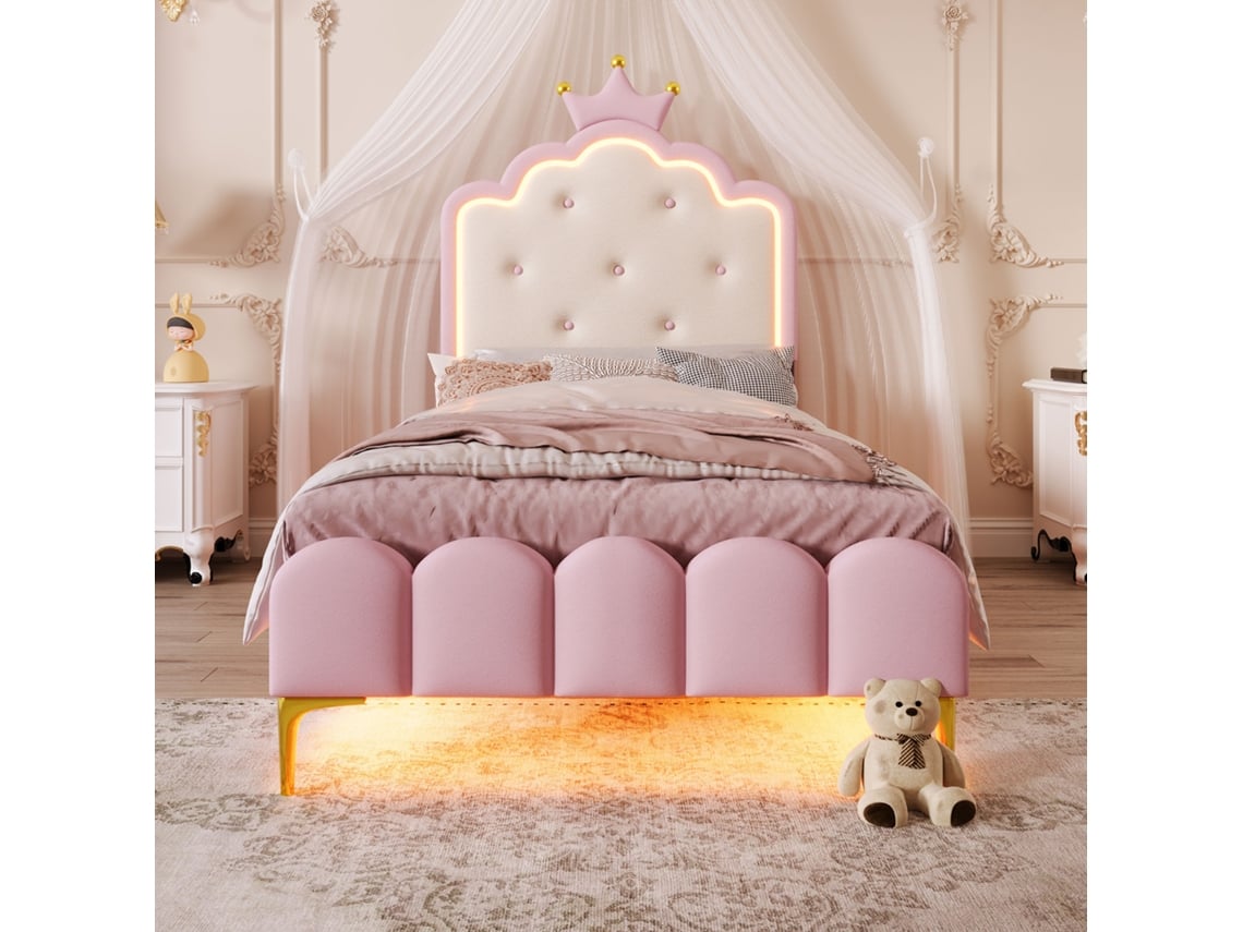 Cama tapizada de 90 x 200 cm con LED, de piel sintética y somier de láminas, color rosa