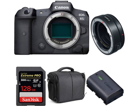 Kit Cámara CANON EOS R5 EF-EOS R + SanDisk 128 GB + Batería + Bolsa (Full-Frame)