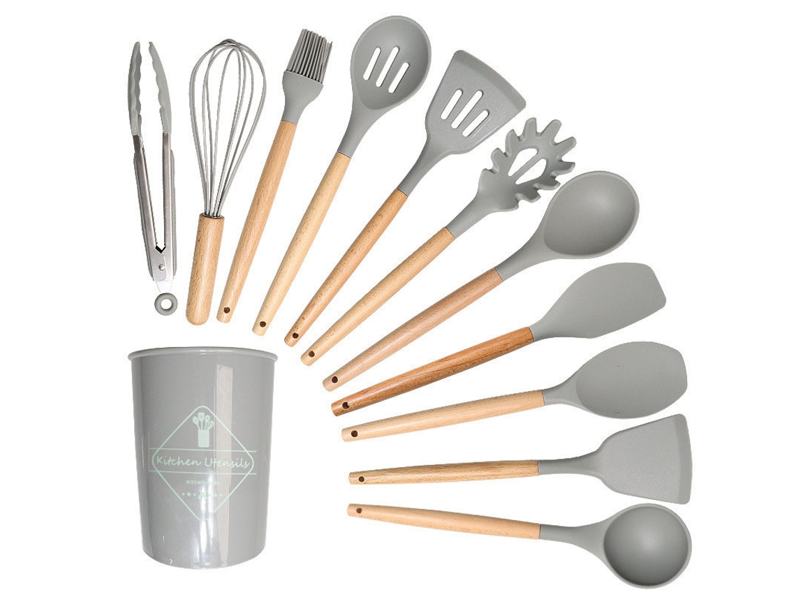 Juego de 11 utensilios de silicona con mangos de madera antiadherentes, resistentes al calor, gris claro HEXINYIGJLY