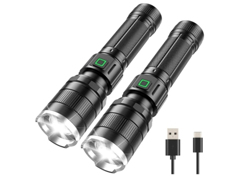 BISBISOUS T30 Paquete de 2 Linternas LED Ultrabrillantes de 6000 Lúmenes con Batería Recargable y 3 Modos de Iluminación Negro VIGA EUROPE