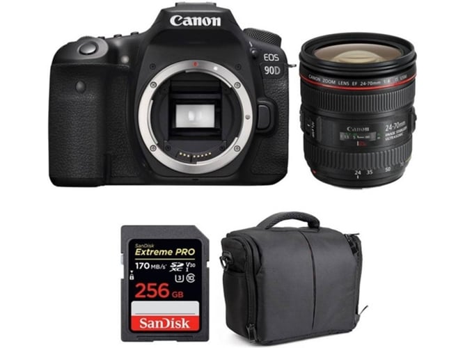 Kit Cámara Réflex CANON EOS 90D + EF 24-70mm f/4L IS USM + SanDisk 256GB + Bolsa