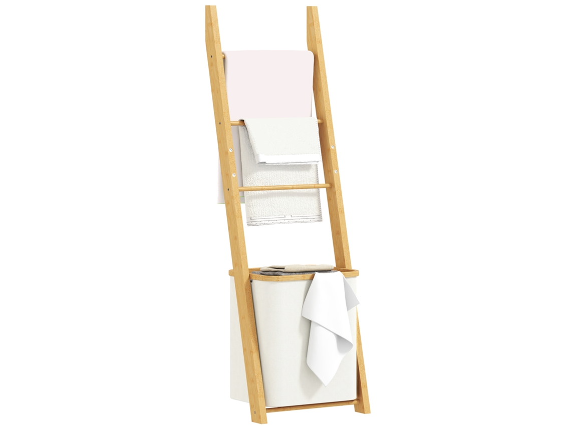Estantería De Baño, Toallero De Bambú, 3 Barras, Cesta Para La Ropa, 48 Litros, Color Crema.