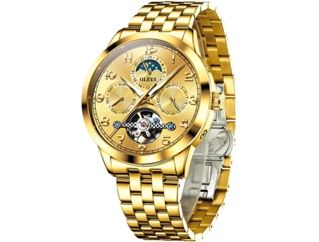 VEANXIN Reloj Automático para Hombre Reloj Mecánico de Negocios de Acero Inoxidable Multicalendario Reloj Luminoso Impermeable(oro)