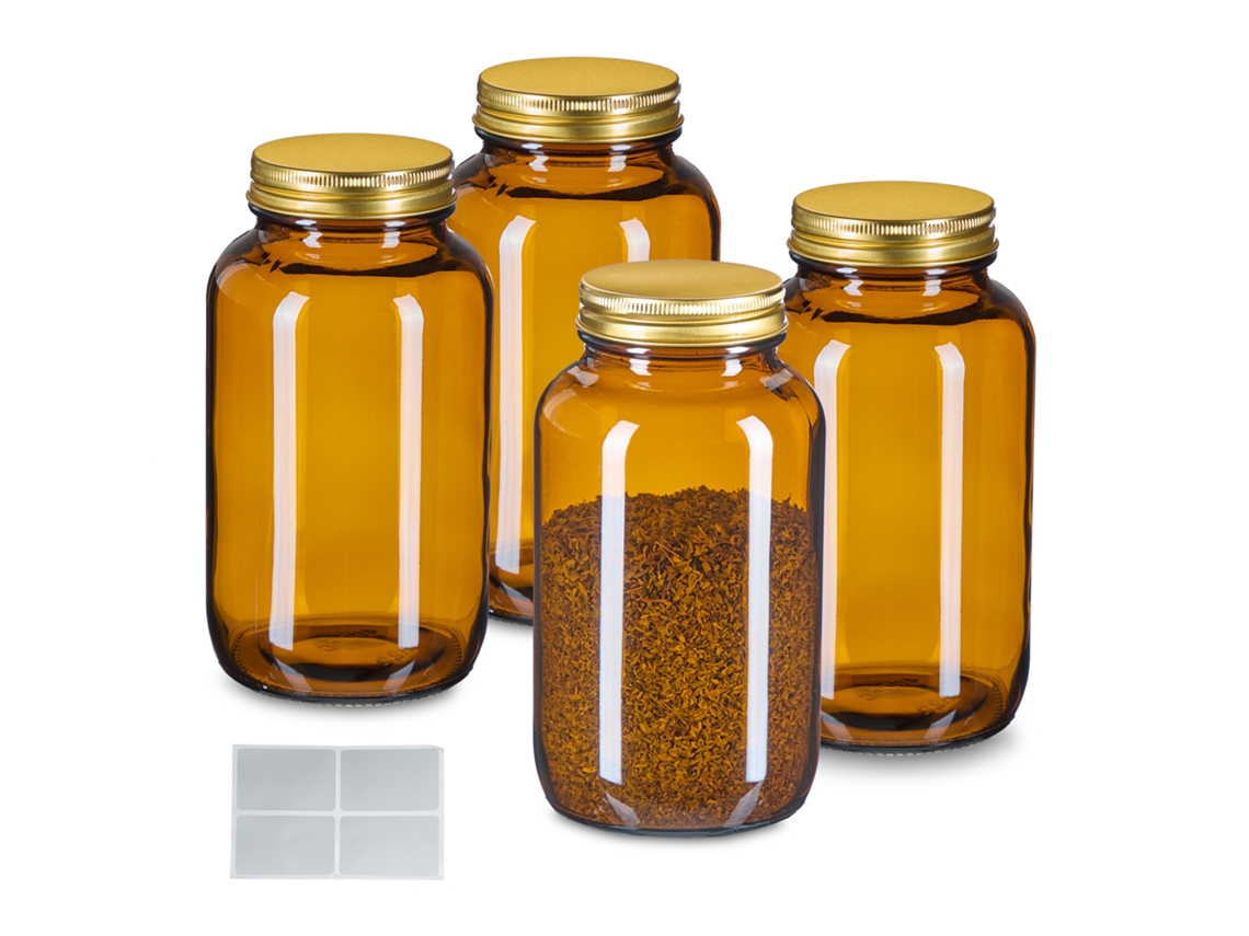 Frascos Relaxdays, Conjunto De 4, 400 Ml, Com Tampa E Etiquetas, Para Ervas, Medicamentos E Especiarias, Castanho/golden