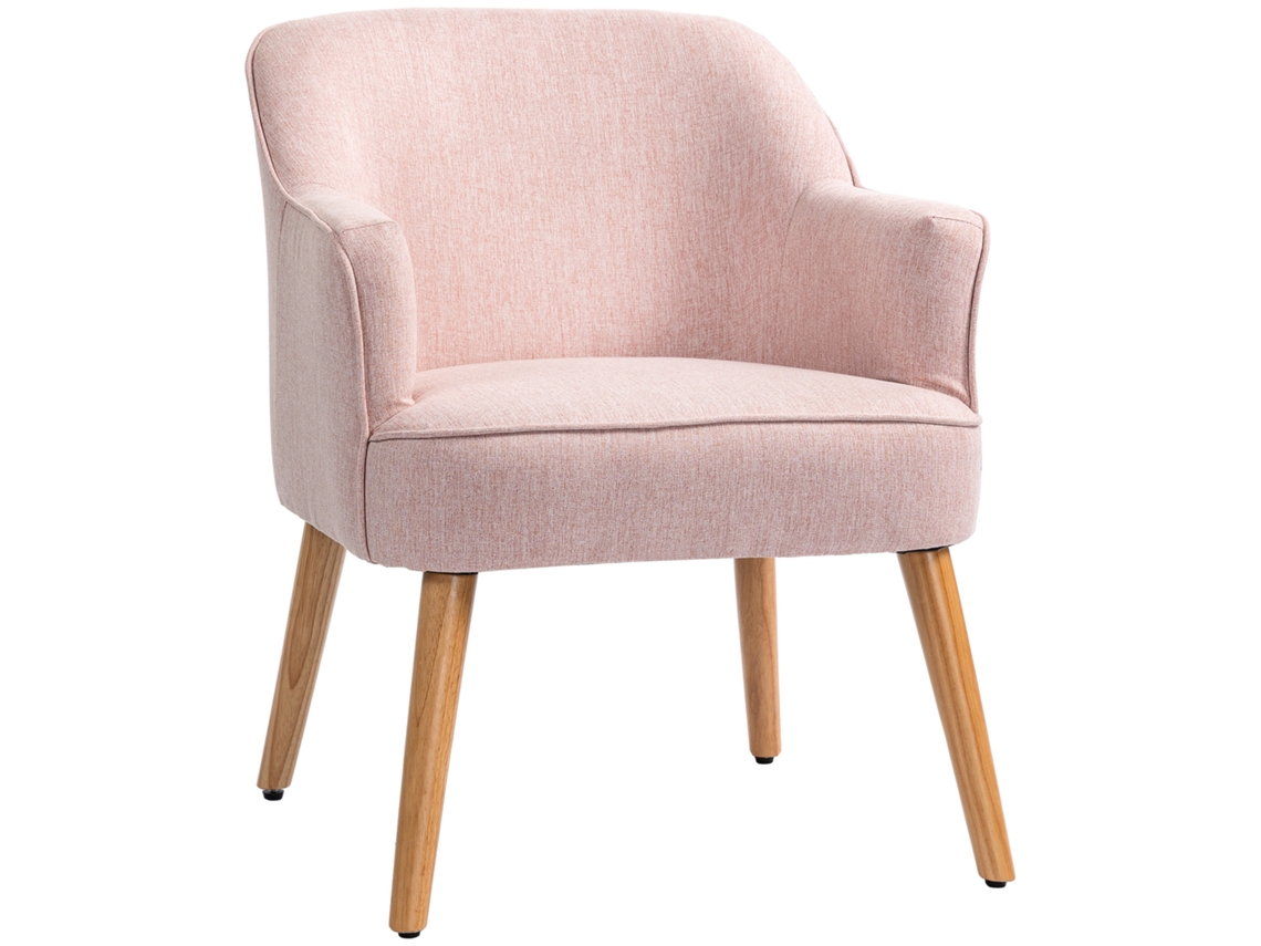 Sillón rosa de estilo nórdico de 64,5 x 65 x 79,5 cm, tapizado en lino, con patas de madera. Soporta hasta 120 kg. Ideal para dormitorio y oficina.