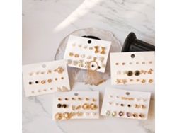 9 Pares De Pendientes De Aleación De Oro Con Diamantes Y Perlas Hipoalergénicas