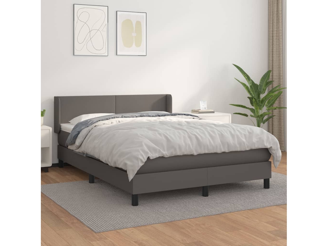 Cama Box Spring Con Colchón Cuero Sintético Gris 140x200 Cm