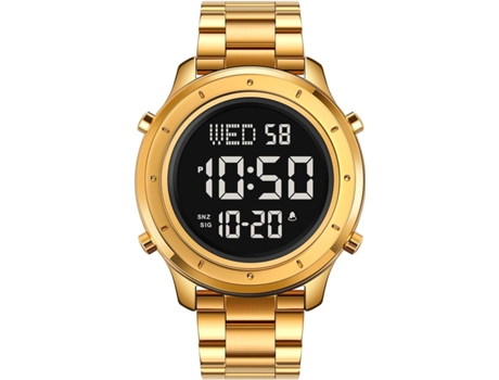 VEANXIN Reloj de pulsera de acero inoxidable resistente al agua con correa de cuero digital LED para hombre-Oro blanco