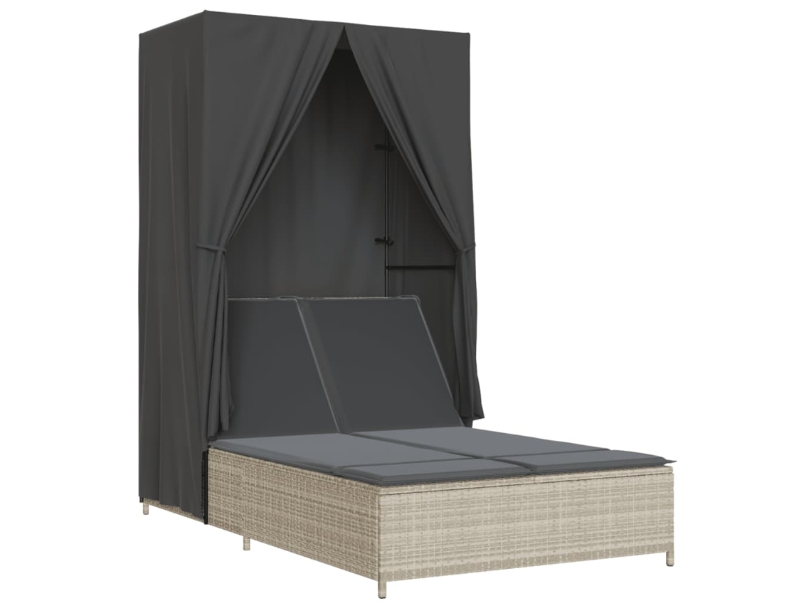 Tumbona doble con dosel y cortinas, gris claro, patas de mimbre, EXCLUSIVA MAISON