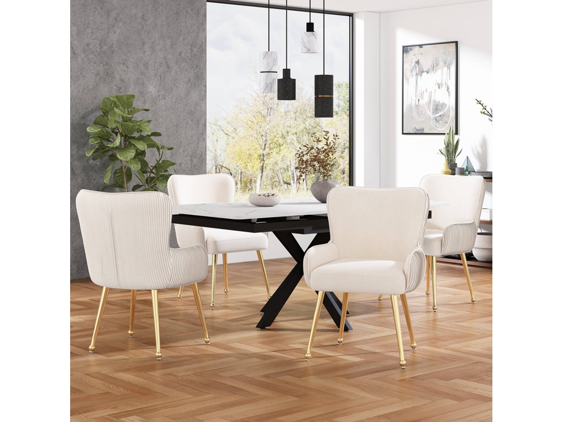 Juego de 4 sillas de terciopelo con brazos y patas de metal dorado estilo beige y dorado