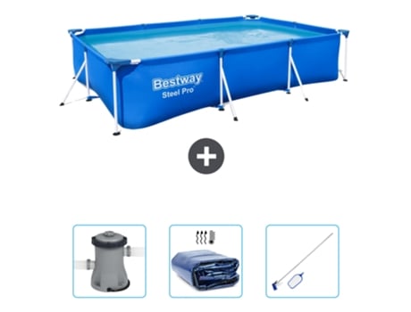 Piscina BESTWAY Rectangular Steel Pro - 300 x 201 x 66 cm - Azul - Incluida Bomba - Vela solar - kit de limpieza