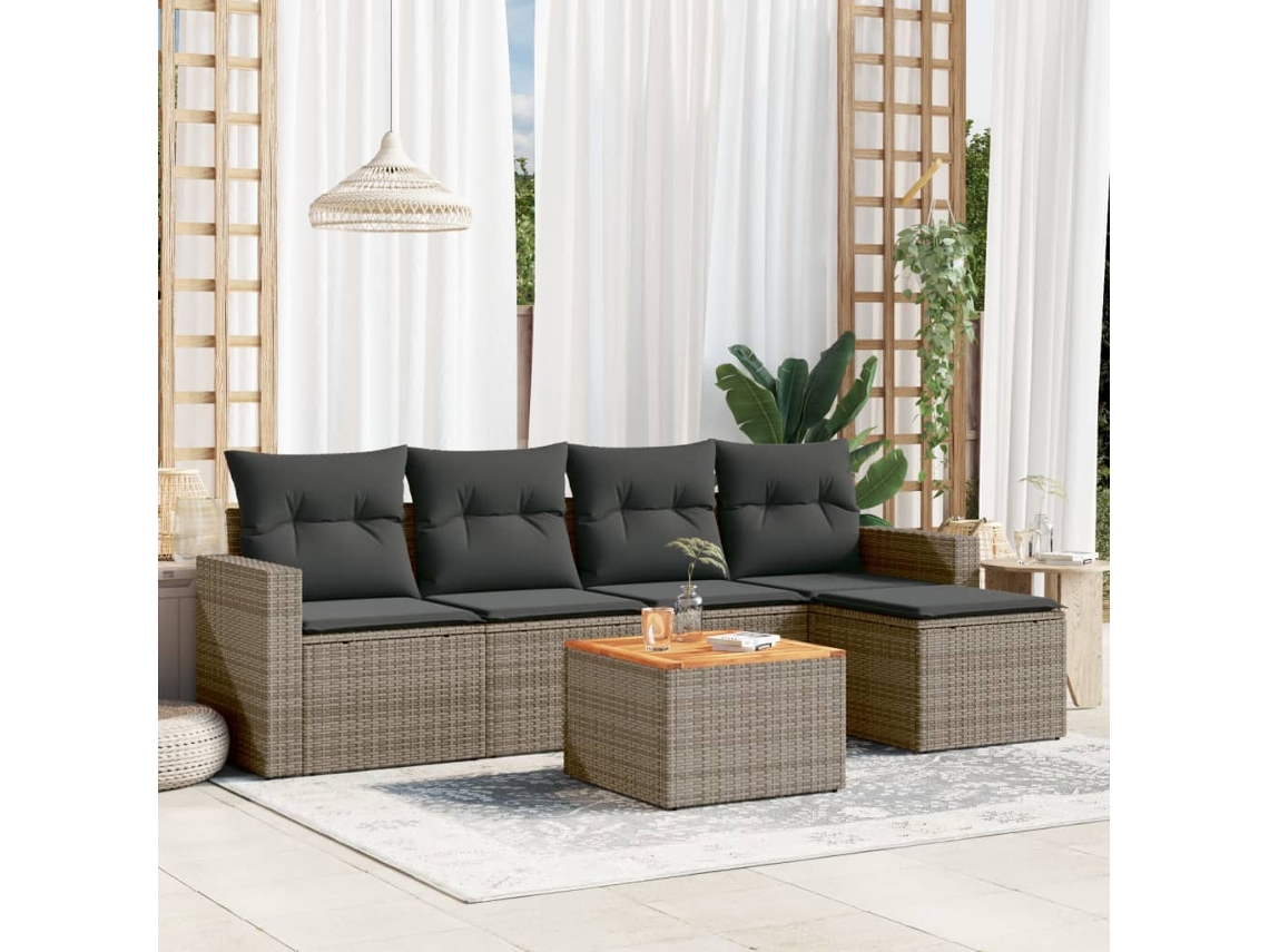 Conjunto de sofá de jardín de 6 piezas con cojines de mimbre gris, Dkd Home Decor