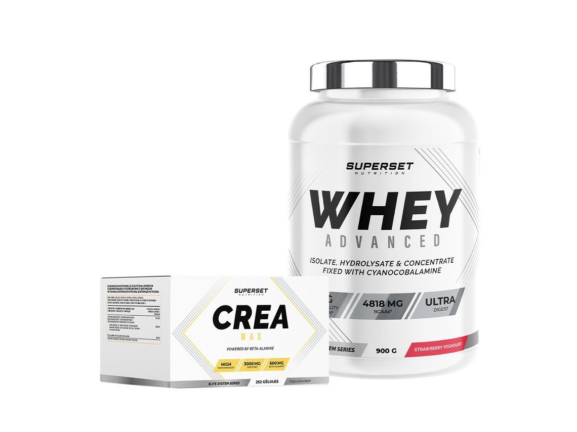 Programa avanzado de ganancia muscular magra 100 Whey Protein Advanced 900 g Yogur de fresa Crea Max Superset Nutrition