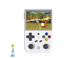 Consola emuladora multiplataforma RG353V. Pantalla táctil IPS de 3,5", Android 11 + Linux, procesador de cuatro núcleos a 1,8 GHz, Wi-Fi, 128 GB. Más de 23 000 juegos.