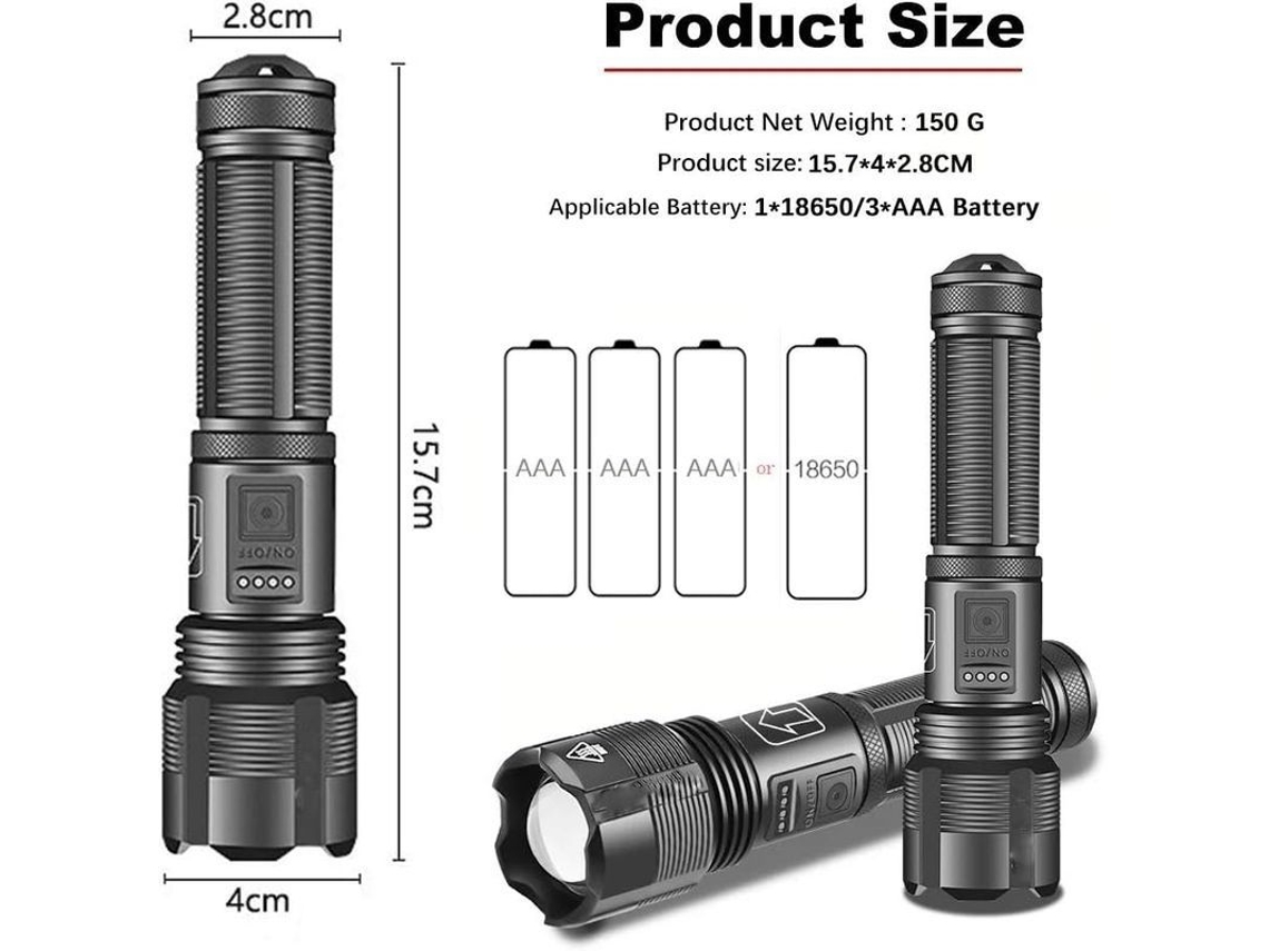 Linterna Led Recargable Ultra Potente, Resistente Al Agua, Con Zoom Y 5 Modos De Iluminación.
