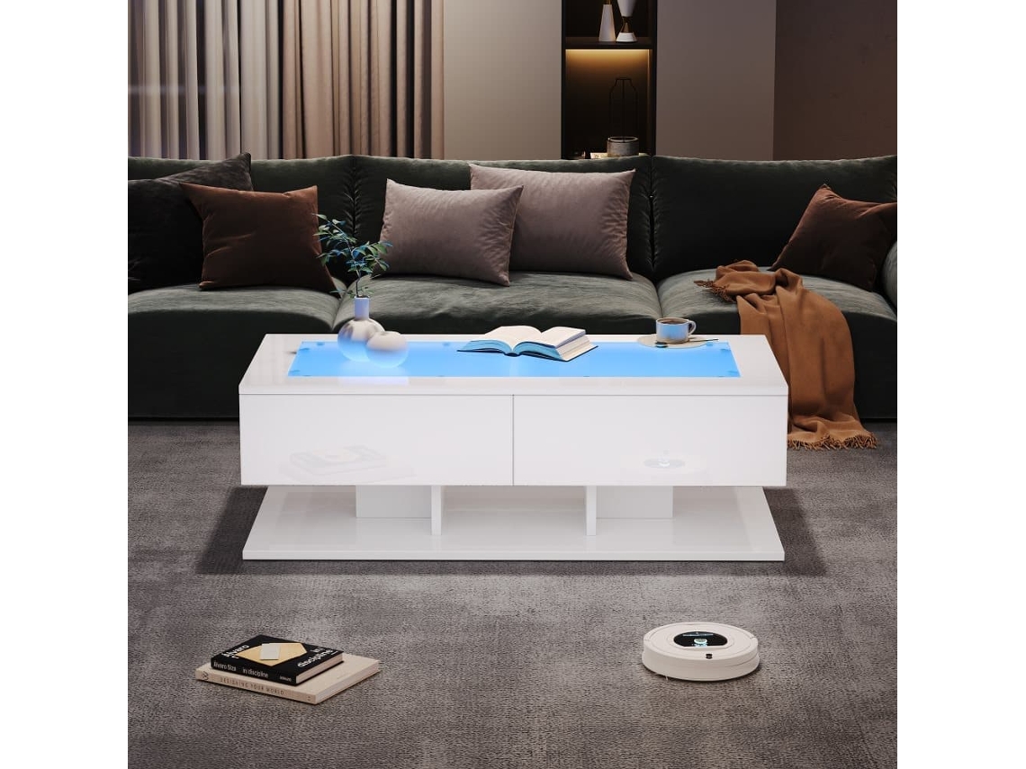 Mesa De Centro 100x50x35 Cm - Sofá Con Cajones, Mesa Con Led Y Cristal - Blanco