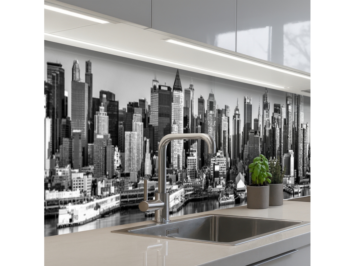 Salpicaderos De Cocina Skyline - Ciudad - Rascacielos - Negro - Blanco 500x60 Cm