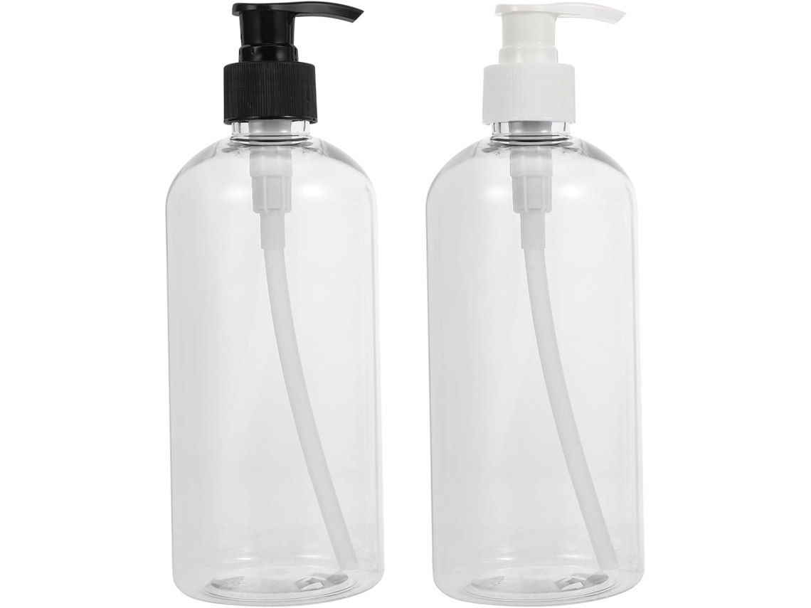 Juego de 2 botellas transparentes con bomba dosificadora, recargables, ideales para loción, champú y gel.