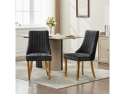 Juego de 2 sillas de comedor, tapizadas en chenilla con patas de acero dorado, color negro, Mobrio