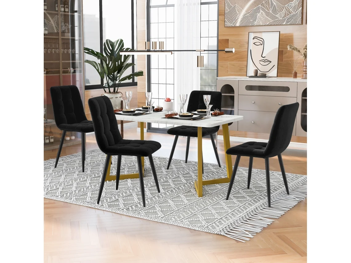 Conjunto Comedor 117 Cm - Mesa Rectangular Y 4 Sillas Terciopelo Negro Con Patas Doradas