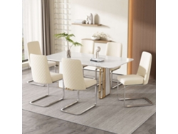 Juego de 6 sillas Cantilever de terciopelo, respaldo con diseño de rombos, base de metal beige plateado, estilo