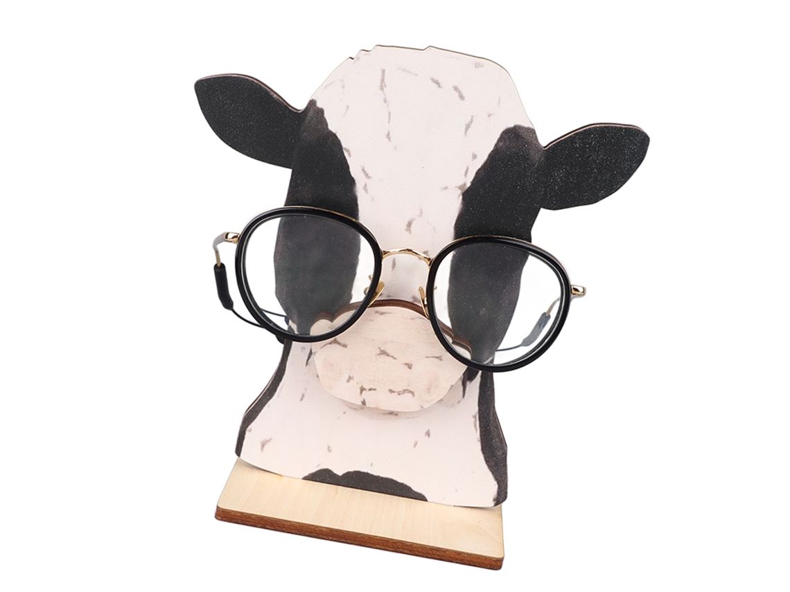 Estatua decorativa de vaca de madera con gafas para escritorio/oficina