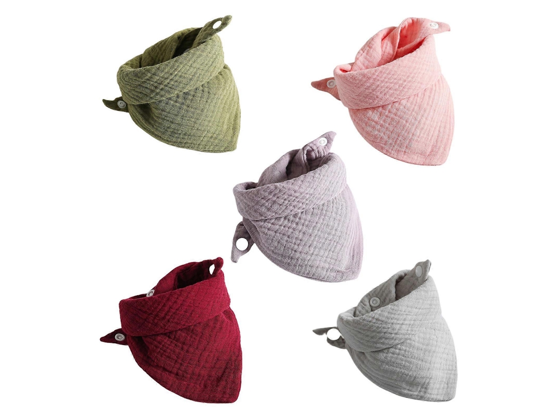 Juego de 5 baberos triangulares de algodón suave, color liso, con cierre a presión, toalla para la alimentación del bebé, babero, compresa, pañuelo y paño para eructar.