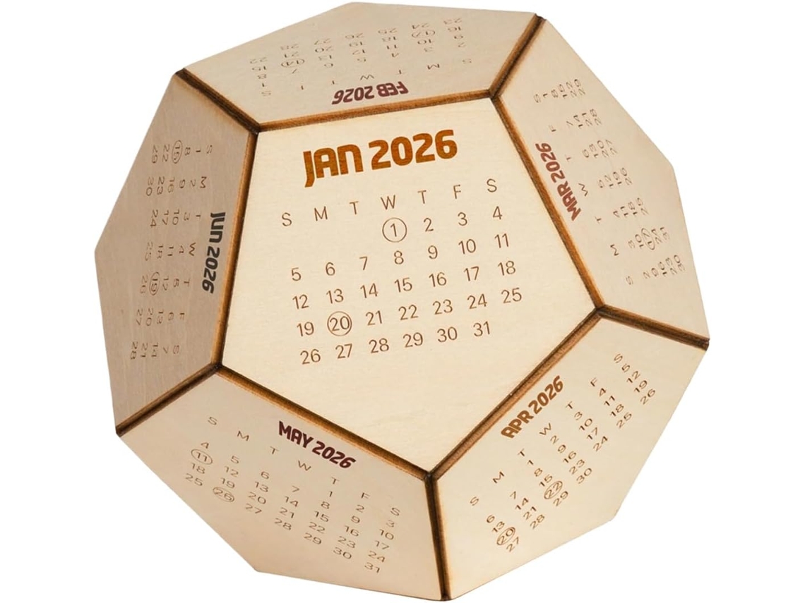 Calendario De Escritorio De Madera Con Forma De Cubo Geométrico De 12 Caras Y Fechas Grabadas
