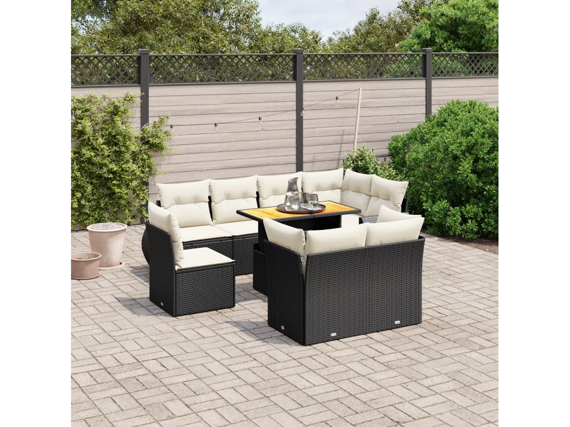 Conjunto de sofá de jardín de 9 piezas con cojines, ratán negro, Dkd Home Decor