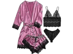 2026-set De Pijama De Seda Con Batista 4 Piezas Para Mujer Con Encaje Floral Y Cinturón