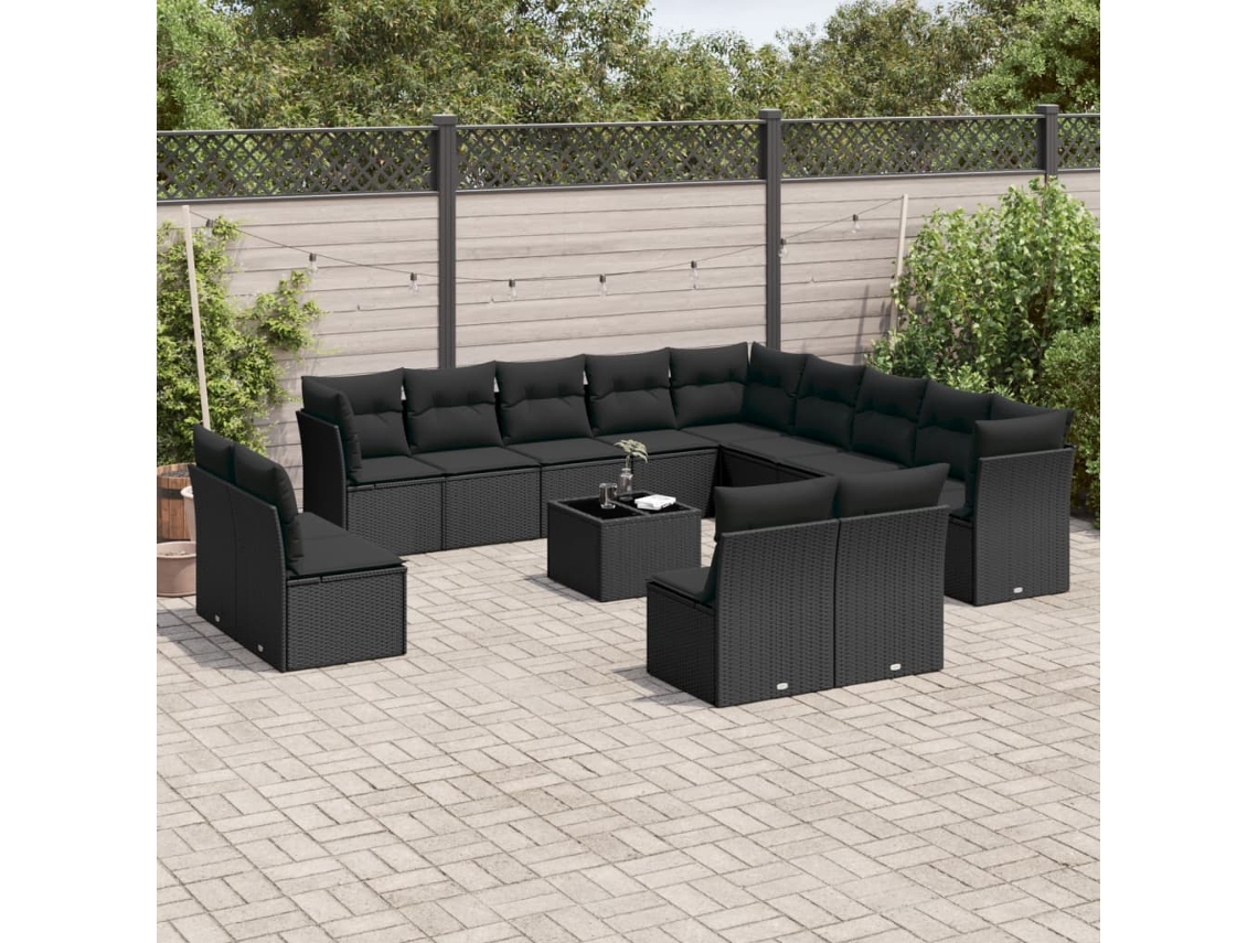 Conjunto de sofá de jardín de 14 piezas con cojines, ratán negro, Dkd Home Decor