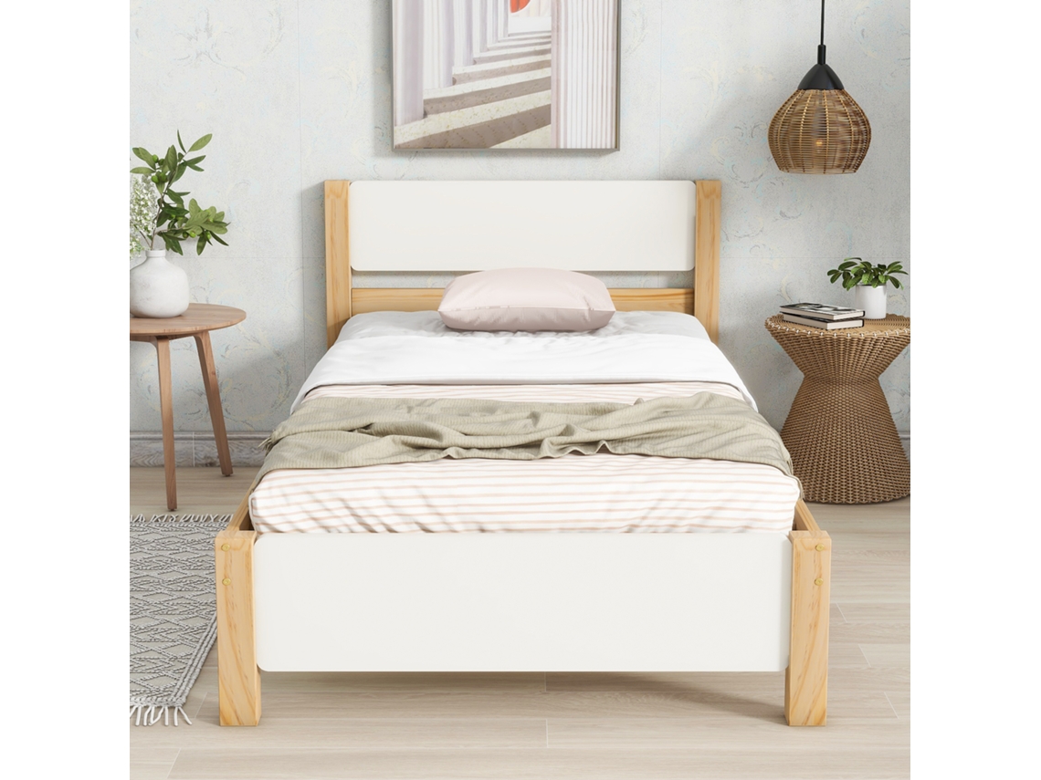 Cama Individual De 90x200 Cm, Cama De Madera, Estructura De Pino Con Mediopié, Cama Juvenil, Cama De Adulto, Blanco Natural