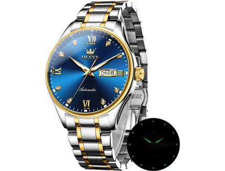 VEANXIN Reloj automático para hombre Calendario mecánico Reloj de negocios de acero inoxidable luminoso resistente al agua(azul dorado)