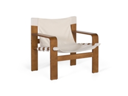Sillón contemporáneo en madera de caucho con tejido beige.