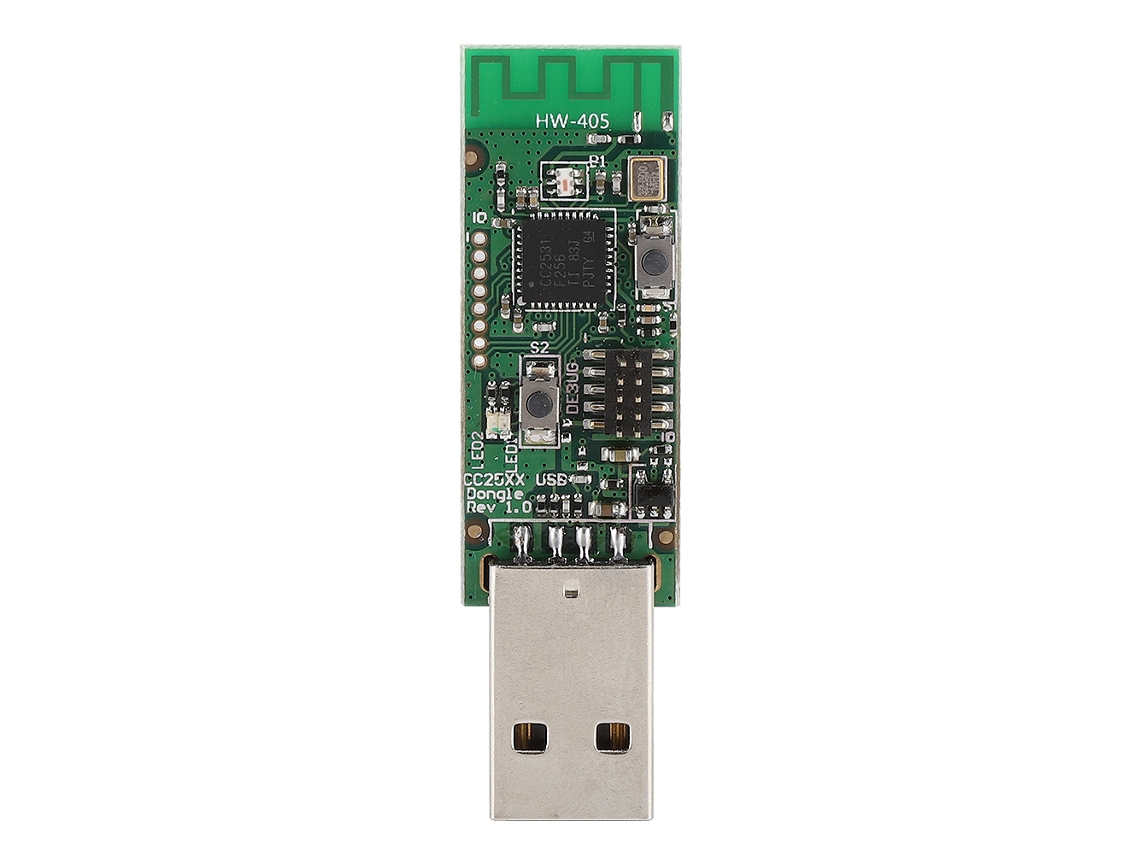 Placa de desarrollo D2026n cc2531 con dongle USB, analizador de protocolos y herramienta de captura de paquetes.