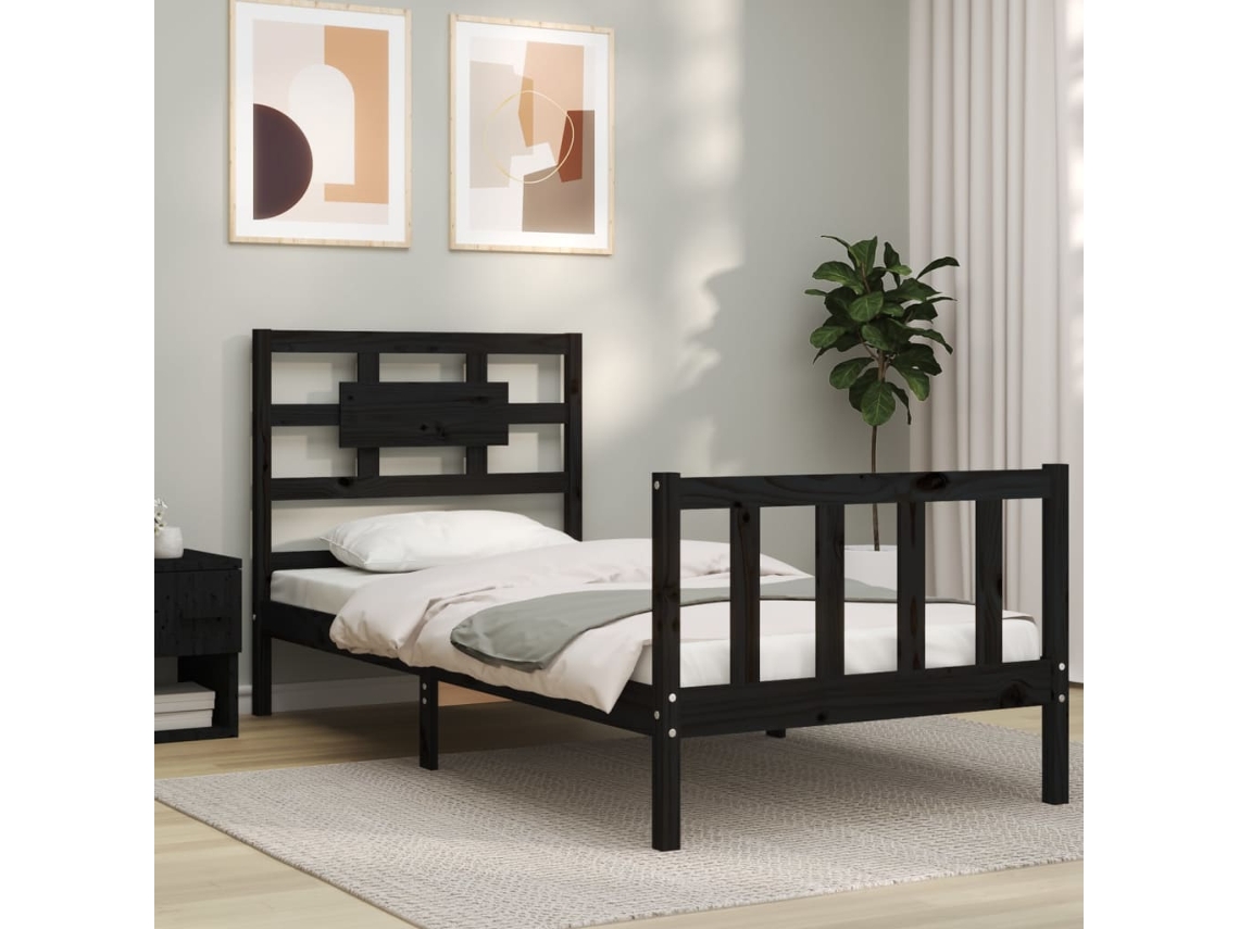 Estructura De Cama Individual Con Cabecero Madera Maciza Negro