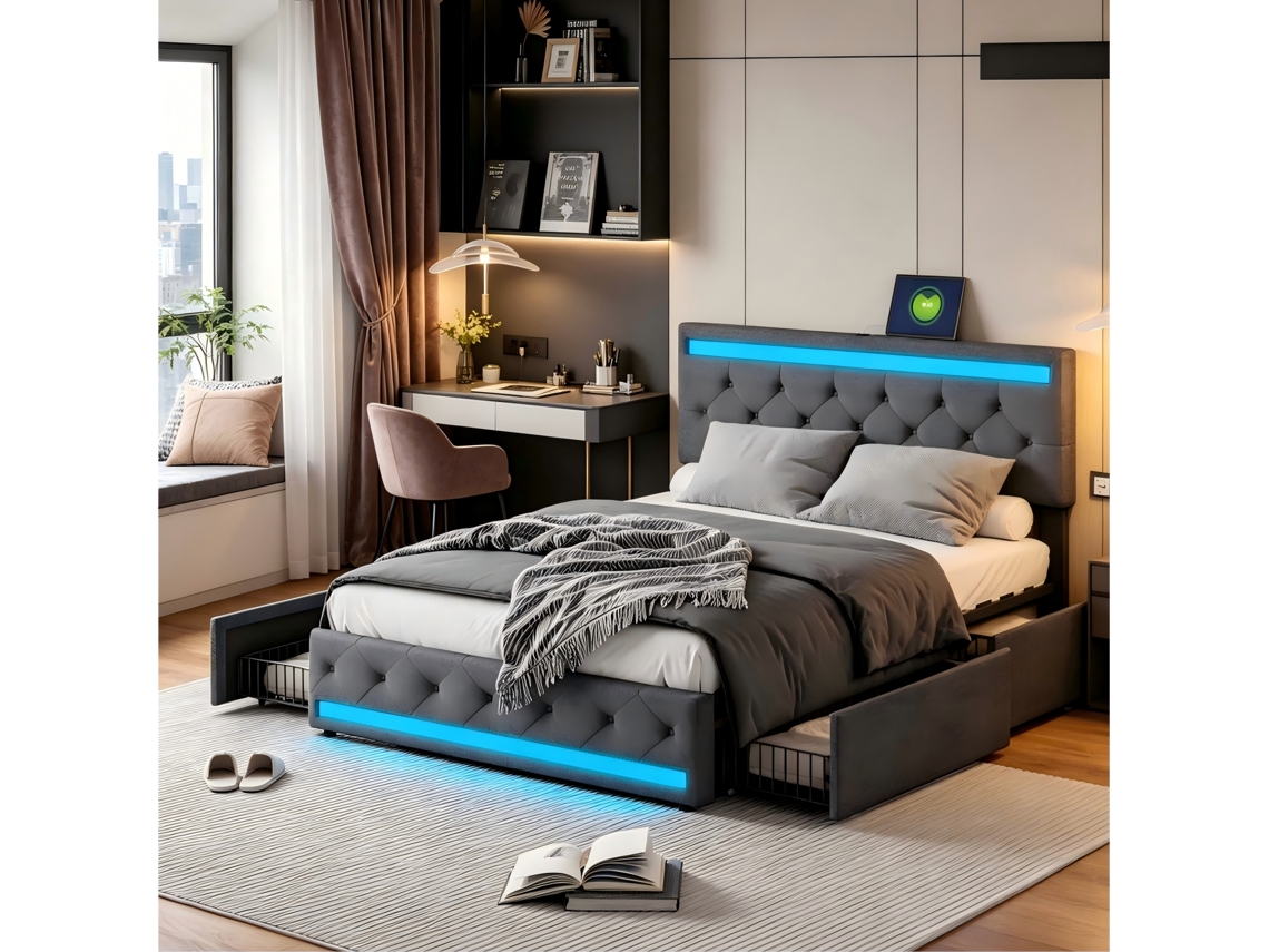 Cama Almacenable 140x190 Cm Con Luz Led Y Usb, Cabecero Ajustable, Para Adultos Y Adolescentes, Lino Gris Rosahqnda