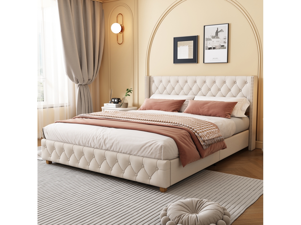 Elegante Cama Doble De 160x200 Cm, Color Beige, Capitoné, Patas De Madera.