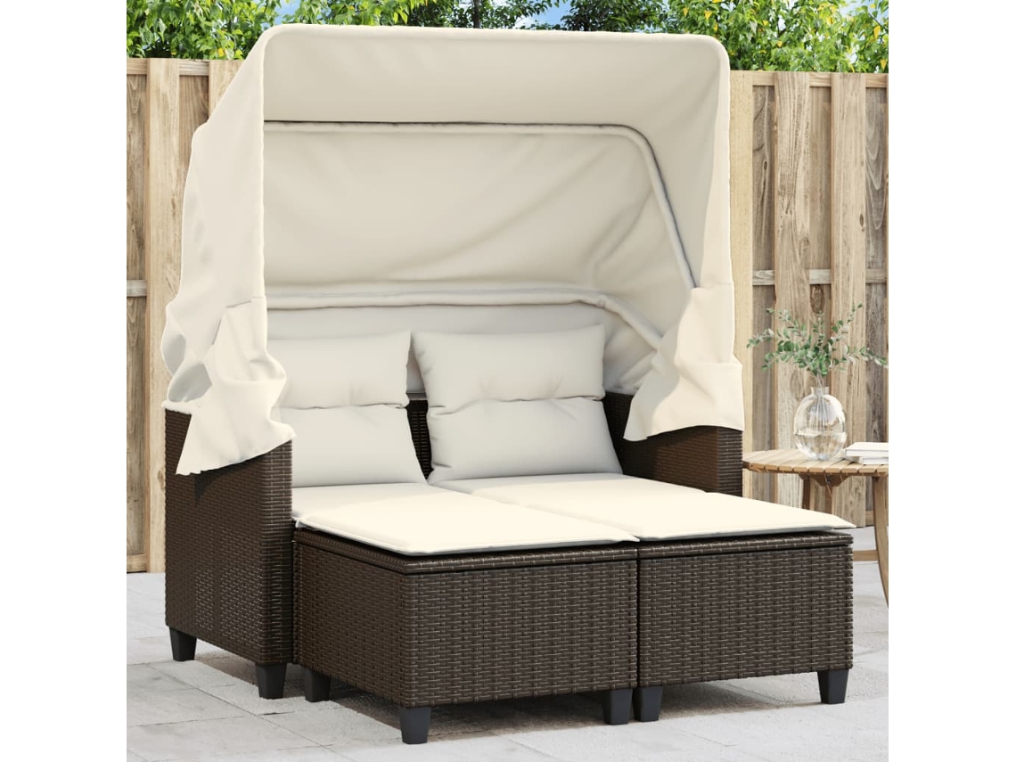 Sofá de jardín de 2 plazas con toldo y bancos de mimbre marrón, Dkd Home Decor