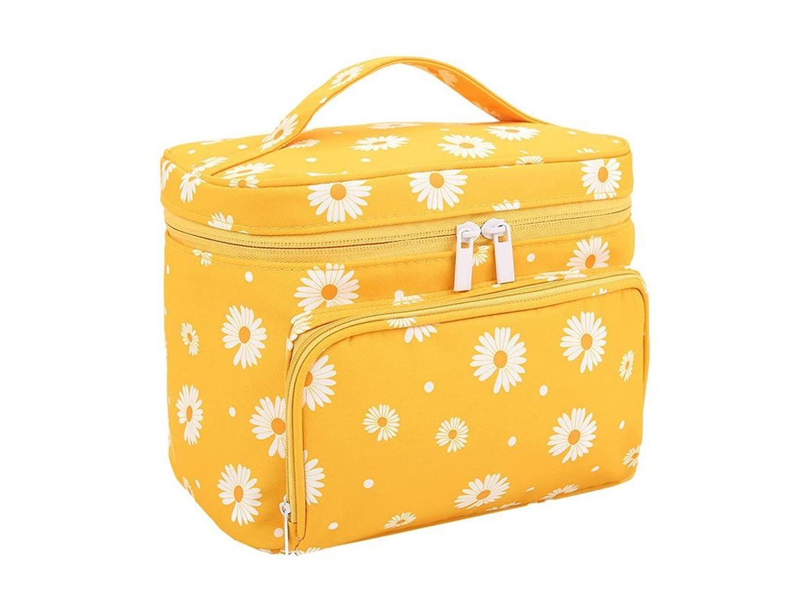 2026-linjou Bolsa De Maquillaje Grande Para Mujer Con Porta Brochas Y Estampado De Margaritas, Amarillo